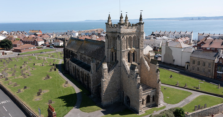 Aerial view of St Hilda's Church at the Headland in Hartlepool, sea in background